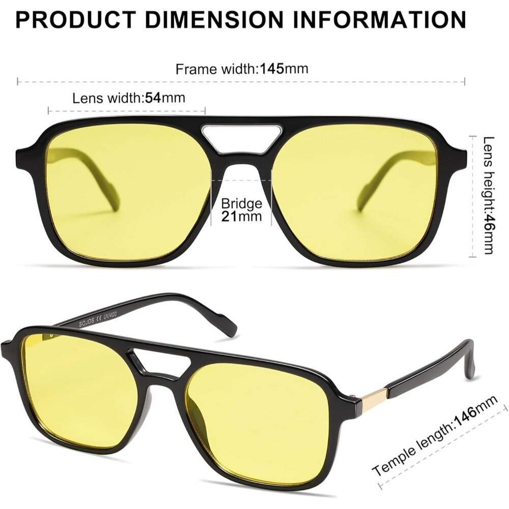 Women's Black Yellow Trendy Rectangle Retro Aviator Sunglasses Elegant Frame - Picture 4 of 6
